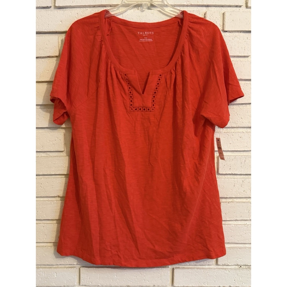 Talbots Red Cotton Slub Tee Eyelet Split Neck Short Sleeve Top Womens Sz XLP NEW